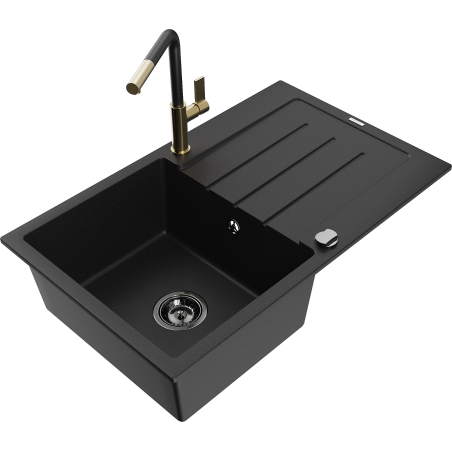 Mexen Bruno granite kitchen sink 1-bowl with drainer and Flora kitchen faucet, black - 6513-77-670401-57-B