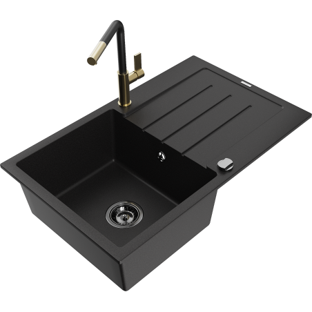 Mexen Bruno granite sink 1-bowl with drainer and Flora kitchen tap, black - 6513-77-670401-57-B