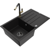 Mexen Bruno 1-bowl granite sink with drainer and Flora kitchen faucet, black - 6513-77-670401-57-B