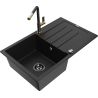 Mexen Bruno granite kitchen sink 1-bowl with drainer and Flora kitchen faucet, black - 6513-77-670401-57-B