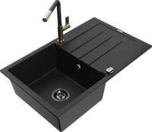 Mexen Bruno 1-bowl granite sink with drainer and Flora kitchen faucet, black - 6513-77-670401-57-B