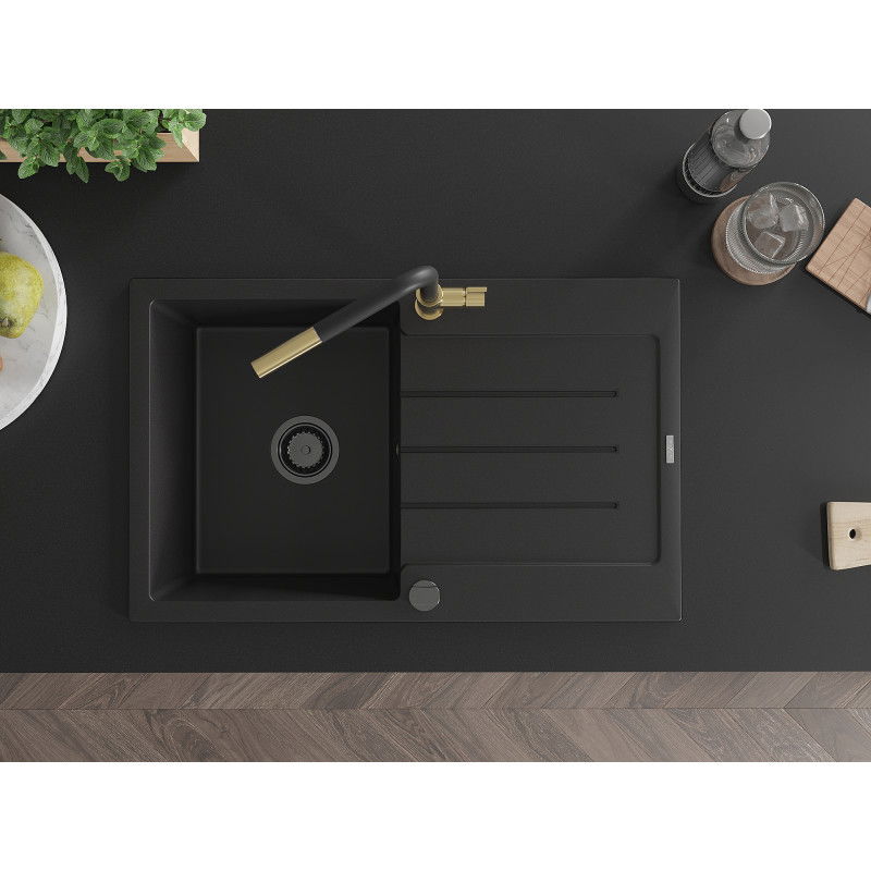 Mexen Bruno granite sink 1-bowl with drainer and Flora kitchen tap, black - 6513-77-670401-57-B