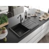 Mexen Bruno granite sink 1-bowl with drainer and Flora kitchen faucet, black - 6513-77-670401-70-B