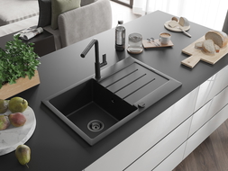Mexen Bruno 1-compartment granite sink with a drip tray and kitchen mixer tap Flora, Black - 6513-77-670401-70-B