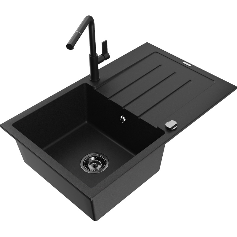 Mexen Bruno 1-bowl granite sink with drainer and Flora kitchen faucet, black - 6513-77-670401-70-B