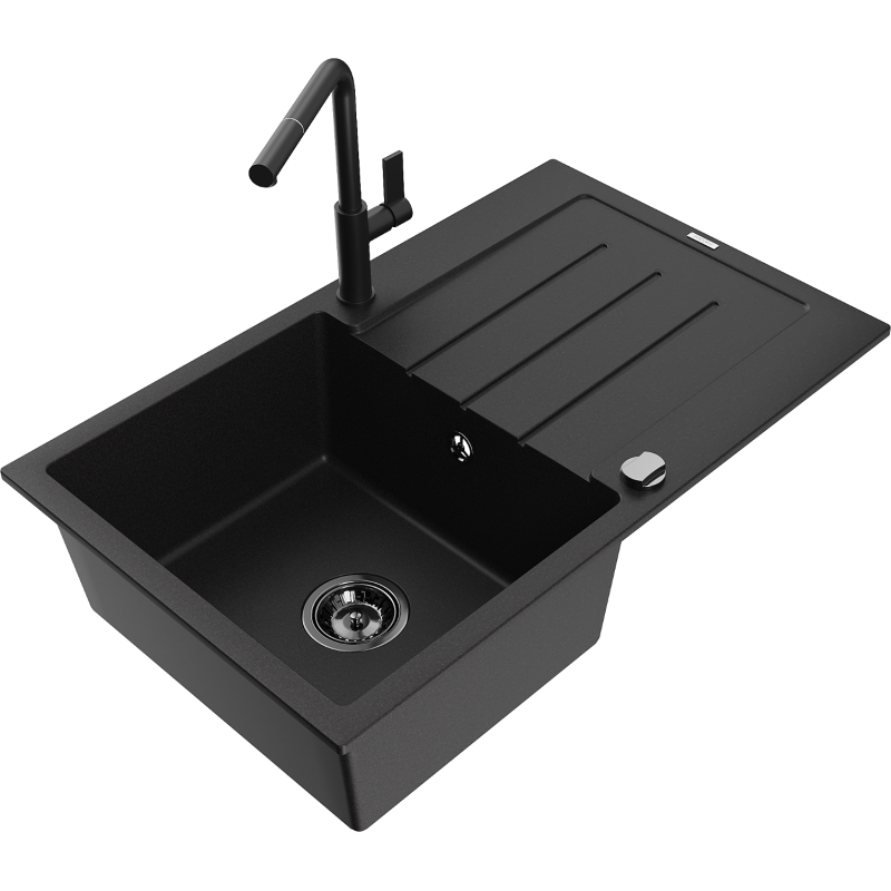 Mexen Bruno 1-compartment granite sink with a drip tray and kitchen mixer tap Flora, Black - 6513-77-670401-70-B