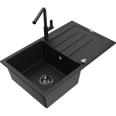Mexen Bruno 1-bowl granite sink with drainer and Flora kitchen faucet, black - 6513-77-670401-70-B