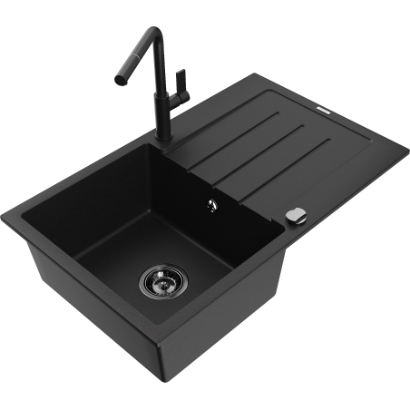 Mexen Bruno granite sink 1-bowl with drainer and Flora kitchen faucet, black - 6513-77-670401-70-B
