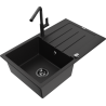 Mexen Bruno 1-bowl granite sink with drainer and Flora kitchen faucet, black - 6513-77-670401-70-B