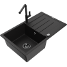Mexen Bruno granite sink 1-bowl with drainer and Flora kitchen faucet, black - 6513-77-670401-70-B