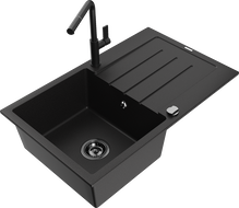 Mexen Bruno granite sink 1-bowl with drainer and Flora kitchen faucet, black - 6513-77-670401-70-B
