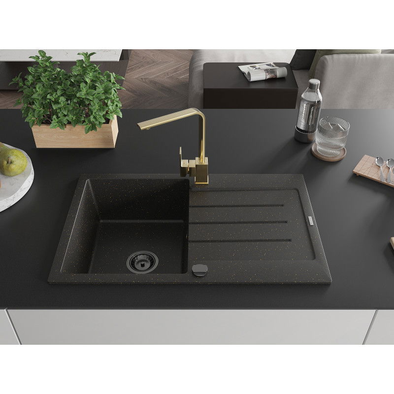 Mexen Bruno single-bowl granite sink with drainer and Rita kitchen tap, black/gold metallic - 6513-75-670300-50-B