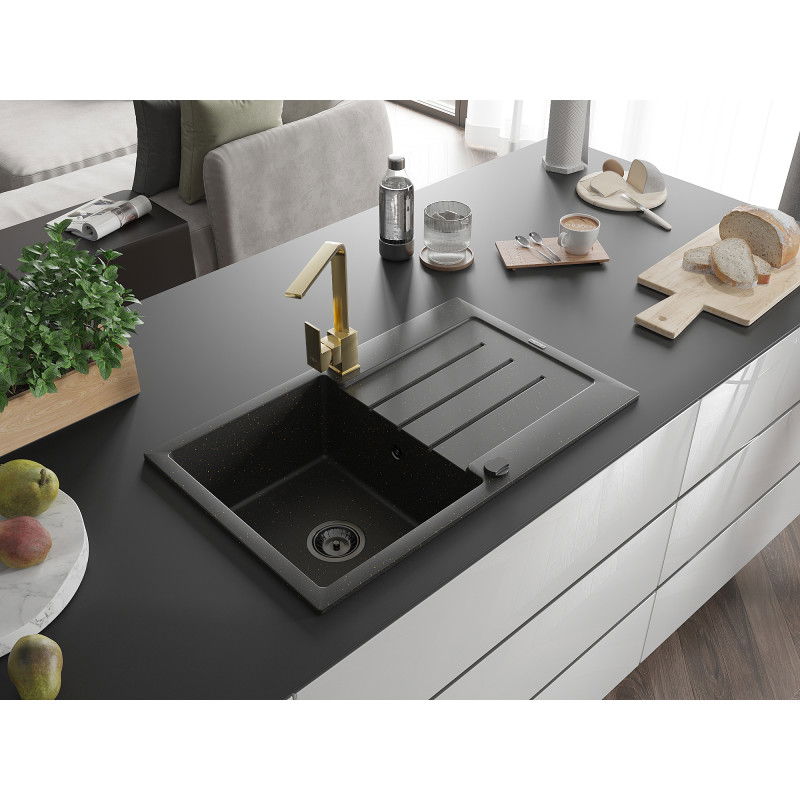 Mexen Bruno single-bowl granite sink with drainer and Rita kitchen tap, black/gold metallic - 6513-75-670300-50-B