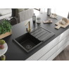 Mexen Bruno granite kitchen sink 1-bowl with drainer and kitchen faucet Rita, black/golden metallic - 6513-75-670300-50-B