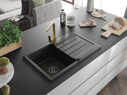 Mexen Bruno 1-bowl granite sink with drainer and Rita kitchen faucet, black/gold metallic - 6513-75-670300-50-B