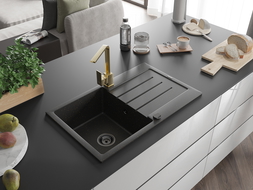 Mexen Bruno single-bowl granite sink with drainer and Rita kitchen tap, black/gold metallic - 6513-75-670300-50-B