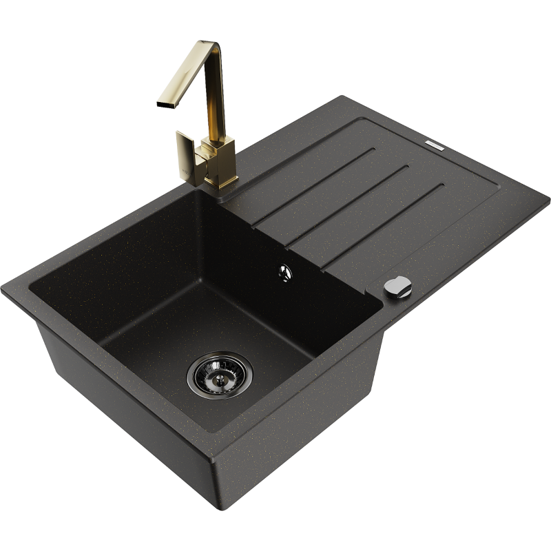 Mexen Bruno 1-compartment granite sink with a drip tray and kitchen mixer tap Rita, Black/Gold metallic - 6513-75-670300-50-B