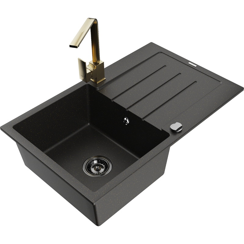 Mexen Bruno granite kitchen sink 1-bowl with drainer and kitchen faucet Rita, black/golden metallic - 6513-75-670300-50-B