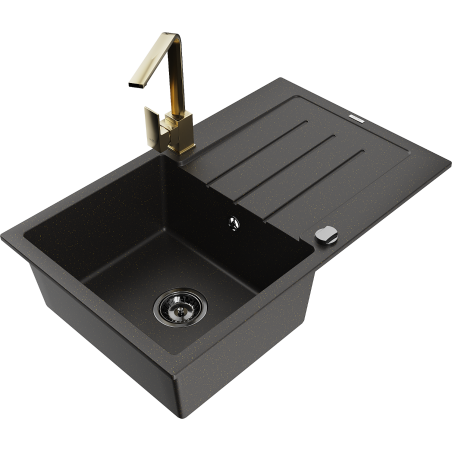 Mexen Bruno granite kitchen sink 1-bowl with drainer and kitchen faucet Rita, black/golden metallic - 6513-75-670300-50-B