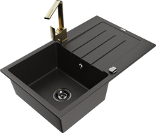 Mexen Bruno 1-bowl granite sink with drainer and Rita kitchen faucet, black/gold metallic - 6513-75-670300-50-B