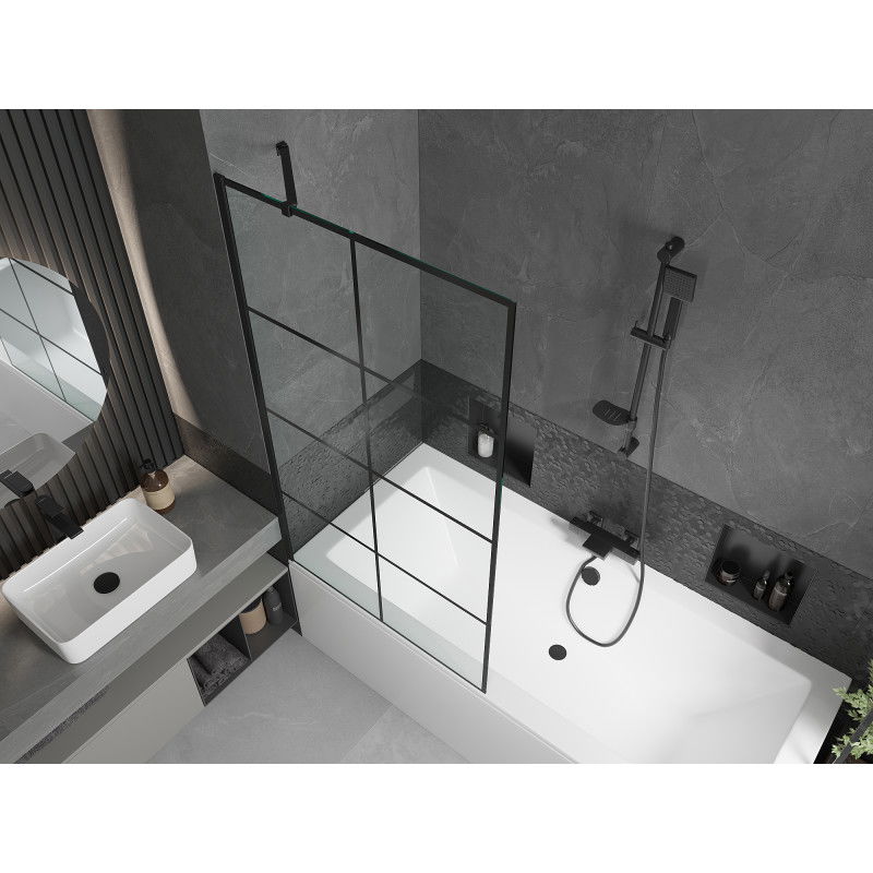 Mexen Cube Rectangular Bathtub 170 x 80 cm with Casing and 1-Leaf Screen 90 cm, Black Pattern - 550517080X9509007077