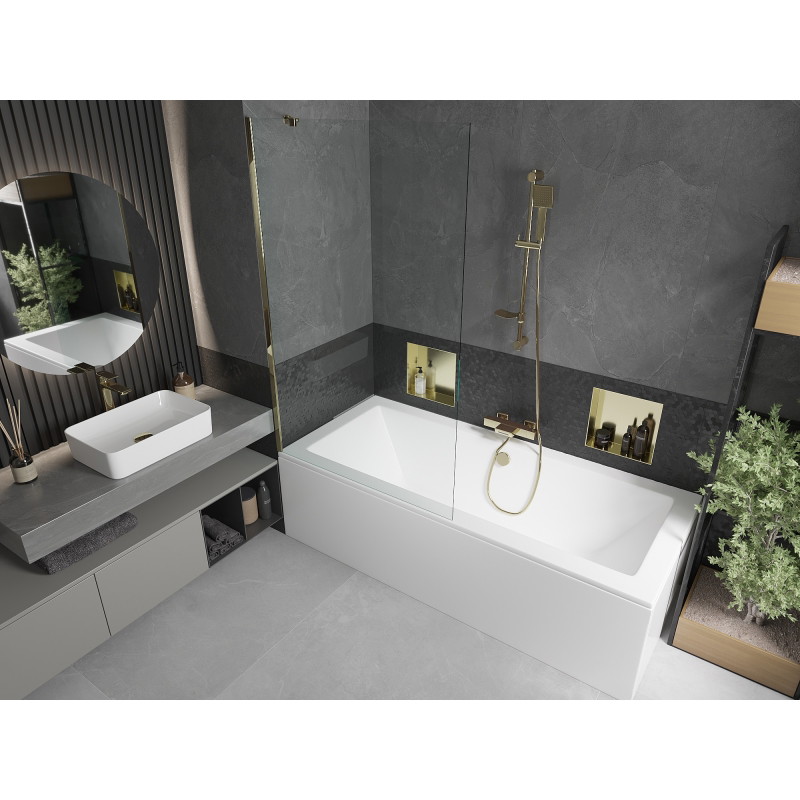 Mexen Cube rectangular bathtub 170 x 80 cm with casing and 1-panel screen 100 cm, transparent, gold - 550517080X9510000050