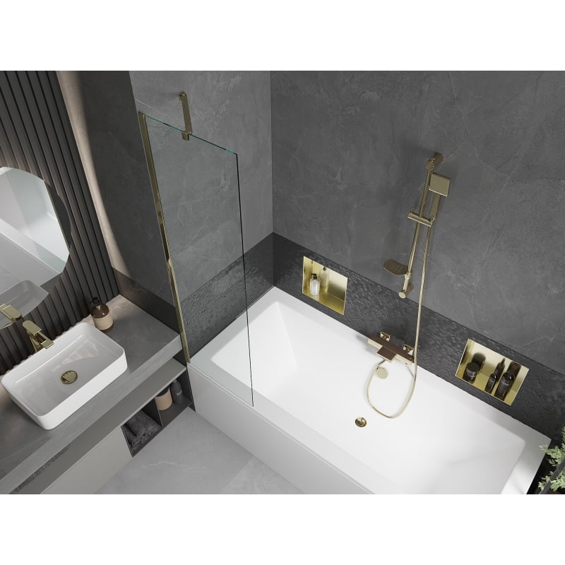 Mexen Cube rectangular bathtub 180 x 80 cm with housing and 1-wing screen 50 cm, transparent, gold - 550518080X9505000050