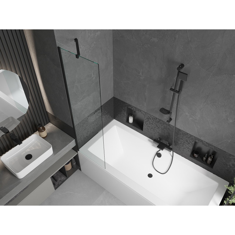Mexen Cube rectangular bathtub 180 x 80 cm with casing and 1-wing screen 50 cm, transparent, black - 550518080X9505000070