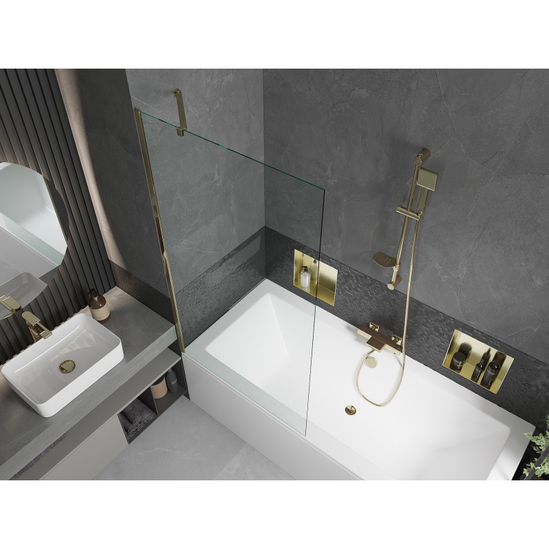 Mexen Cube rectangular bathtub 180 x 80 cm with casing and single-panel screen 90 cm, transparent, gold - 550518080X9509000050