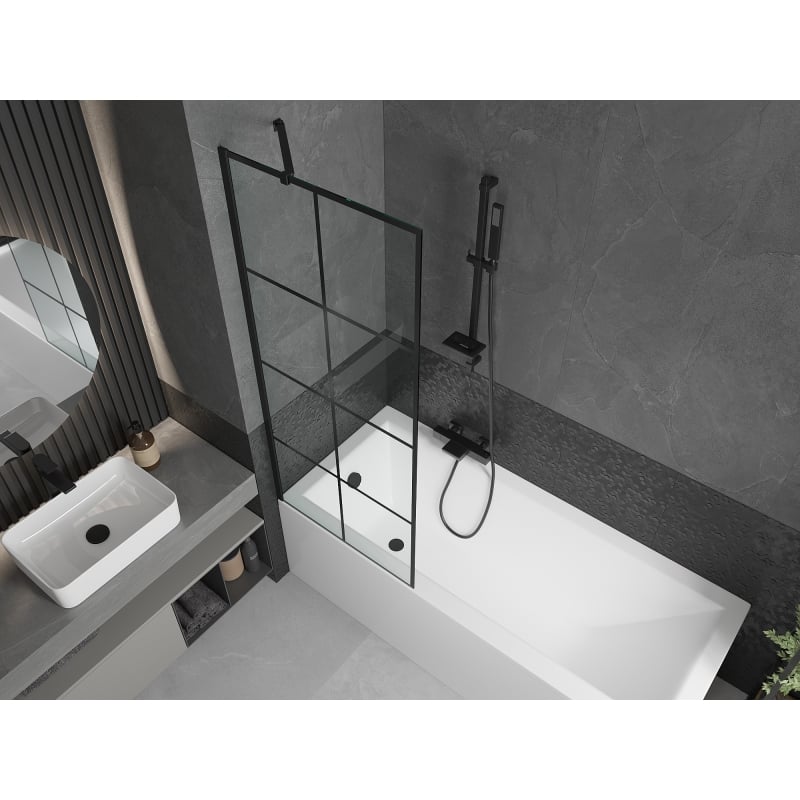 Mexen Cubik rectangular bathtub 150 x 70 cm with casing and 1-panel screen 70 cm, black pattern - 550315070X9507007077