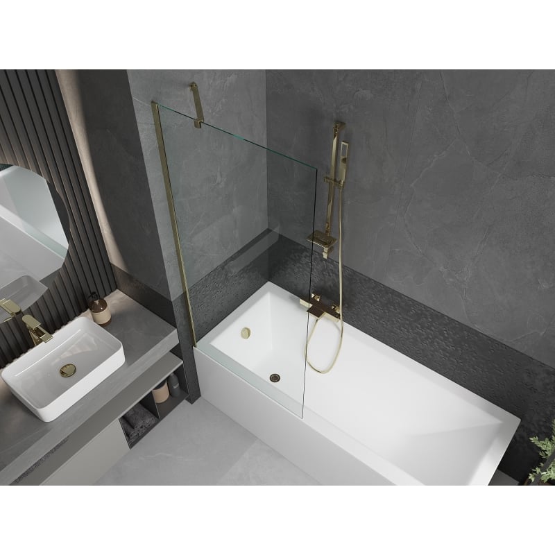 Mexen Cubik rectangular bathtub 150 x 70 cm with enclosure and 1-wing screen 80 cm, transparent, gold - 550315070X9508000050