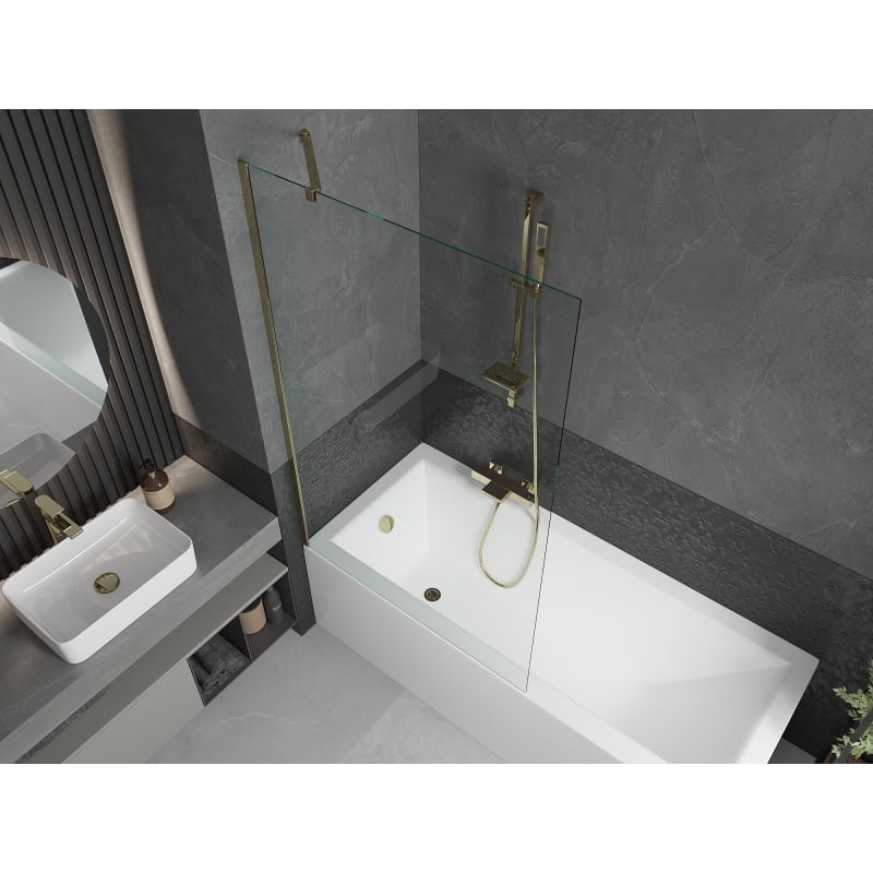 Mexen Cubik rectangular bathtub 160 x 70 cm with casing and 1-wing screen 100 cm, transparent, gold - 550316070X9510000050