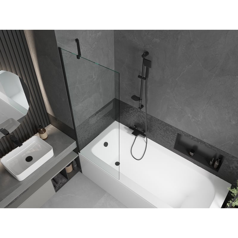 Mexen Vega rectangular tub 150 x 70 cm with casing and 1-wing screen 70 cm, transparent, black - 550115070X9507000070