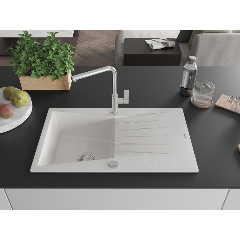 Mexen Cesar 1-bowl granite sink with drainer and Flora kitchen faucet, white - 6514-20-670401-00