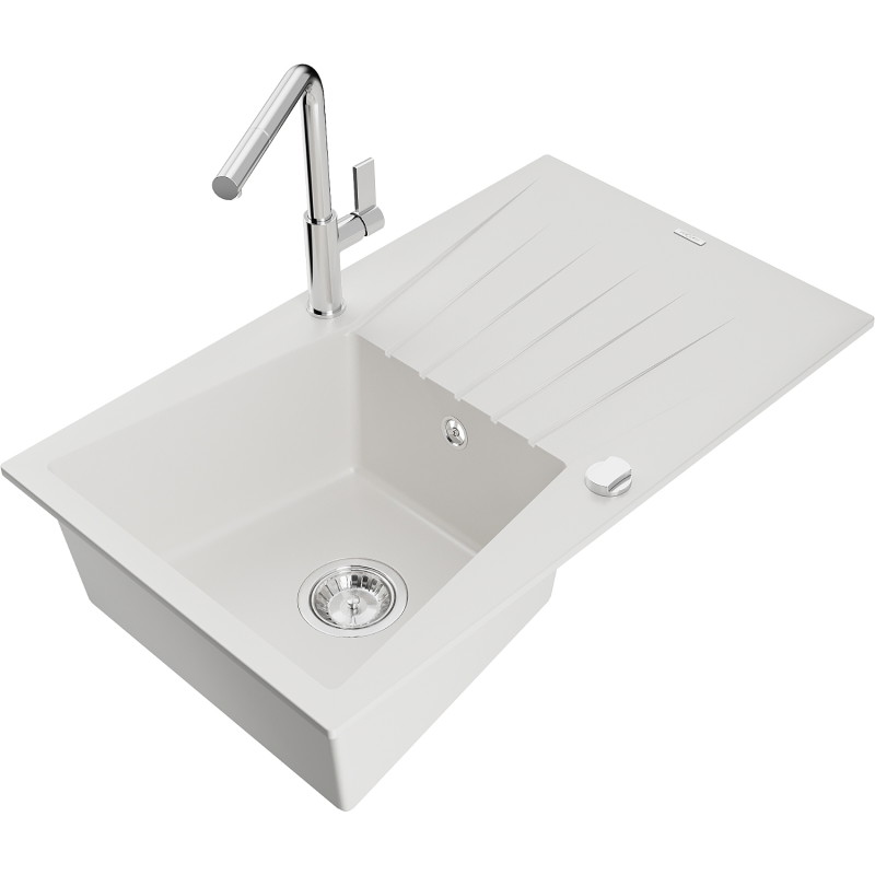 Mexen Cesar granite kitchen sink 1-bowl with drainer and Flora kitchen faucet, white - 6514-20-670401-00