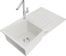 Mexen Cesar granite sink 1-bowl with drainer and Flora kitchen tap, white - 6514-20-670401-00