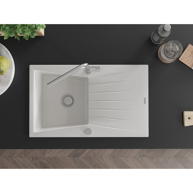 Mexen Cesar 1-bowl granite sink with drainer and Flora kitchen faucet, white - 6514-20-670401-00