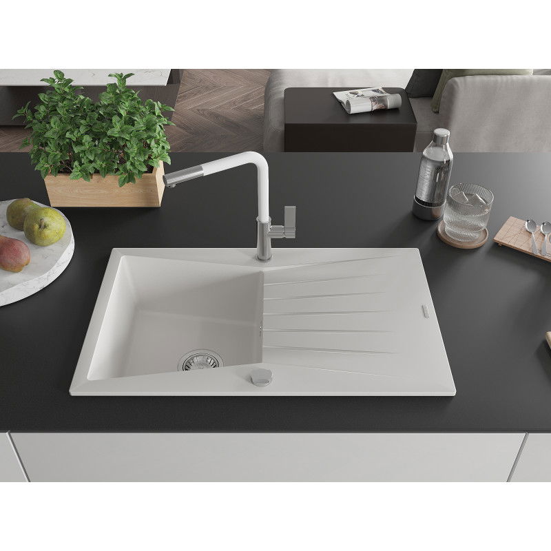 Mexen Cesar granite kitchen sink 1-bowl with drainer and Flora kitchen tap, white - 6514-20-670401-02