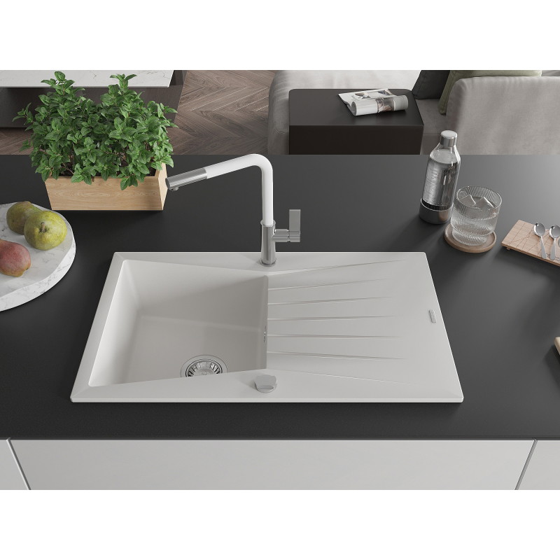 Mexen Cesar granite sink 1-bowl with drainer and Flora kitchen faucet, white - 6514-20-670401-02