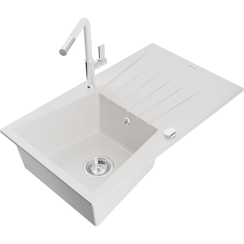 Mexen Cesar 1-compartment granite sink with a drip tray and kitchen mixer tap Flora, White - 6514-20-670401-02