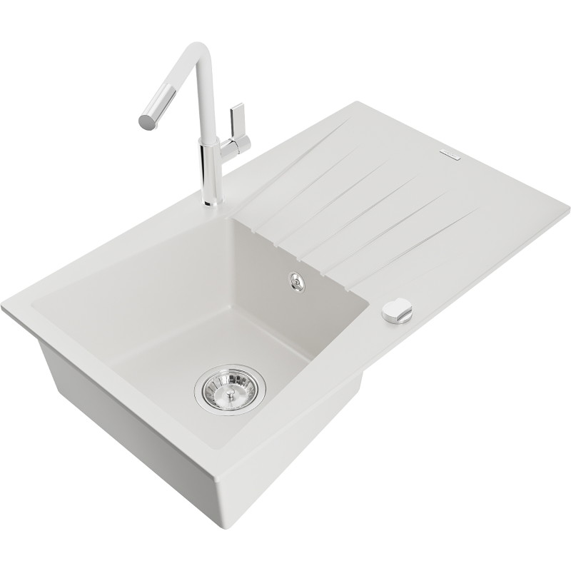 Mexen Cesar granite sink 1-bowl with drainer and Flora kitchen faucet, white - 6514-20-670401-02