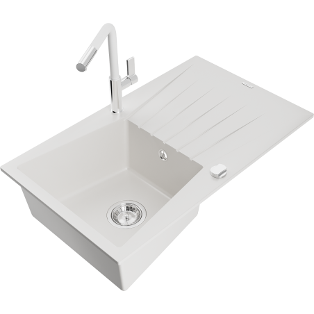 Mexen Cesar granite kitchen sink 1-bowl with drainer and Flora kitchen tap, white - 6514-20-670401-02