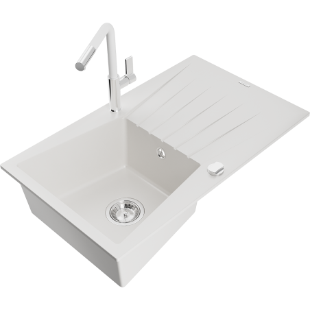 Mexen Cesar granite sink 1-bowl with drainer and Flora kitchen faucet, white - 6514-20-670401-02