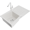 Mexen Cesar granite sink 1-bowl with drainer and Flora kitchen faucet, white - 6514-20-670401-02