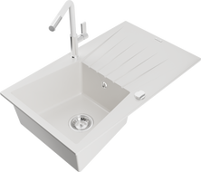 Mexen Cesar 1-compartment granite sink with a drip tray and kitchen mixer tap Flora, White - 6514-20-670401-02