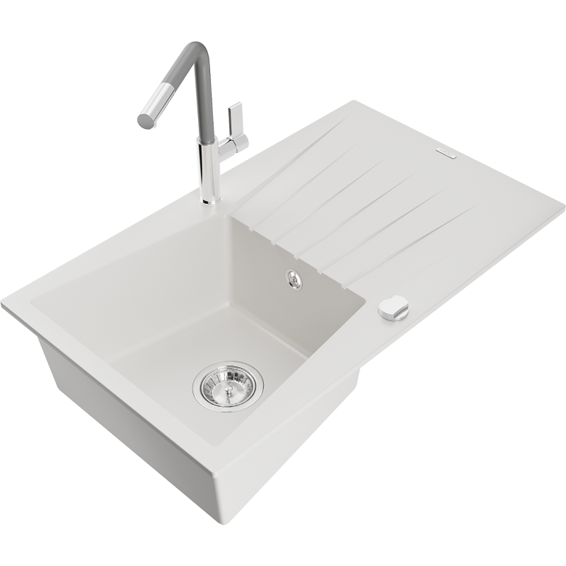 Mexen Cesar 1-compartment granite sink with a drip tray and kitchen mixer tap Flora, White - 6514-20-670401-06