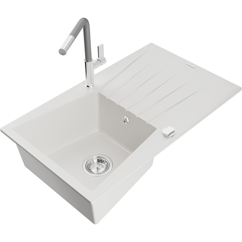 Mexen Cesar granit sink single-bowl with drainer and Flora kitchen faucet, white - 6514-20-670401-06