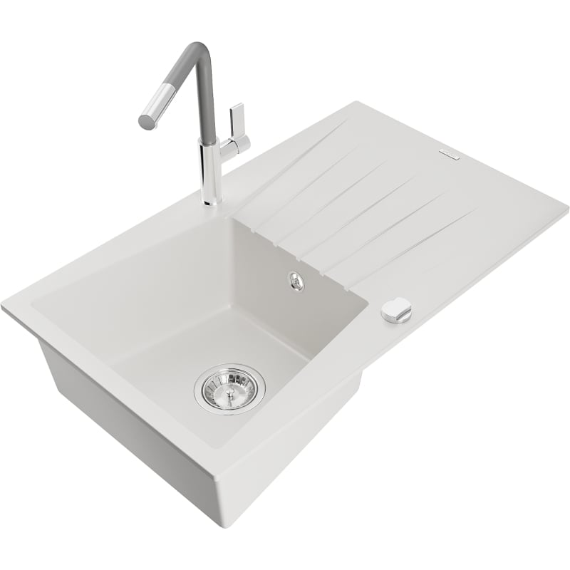 Mexen Cesar granite kitchen sink 1-bowl with drainer and Flora faucet, white - 6514-20-670401-06