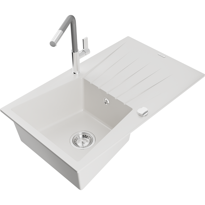Mexen Cesar granite sink 1-bowl with drainer and Flora kitchen tap, white - 6514-20-670401-06