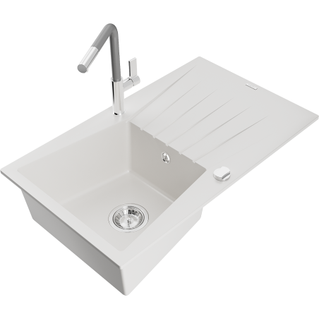Mexen Cesar granit sink single-bowl with drainer and Flora kitchen faucet, white - 6514-20-670401-06